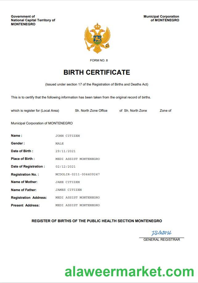Montenegro birth certificate Word and PDF template